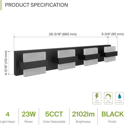 ASD Lighting LED Vanity 4-light 23W 120V CCT Selectable 2700/3000/4000/5000/6000K Dimmable Black ETL
