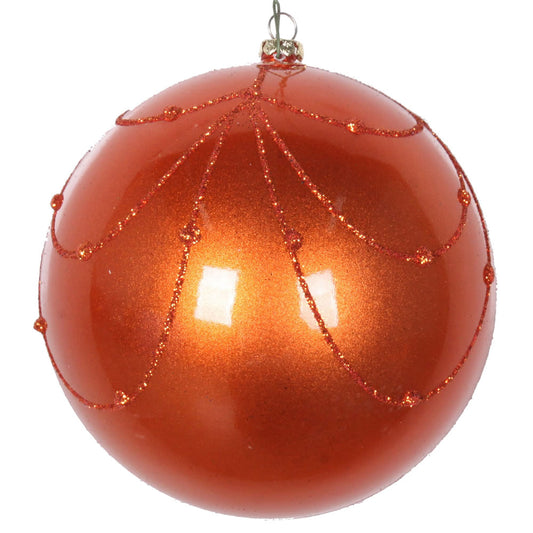 Vickerman 4" Burnish Orange Candy Finish Curtain Ornament with Glitter Accents 4 per Bag