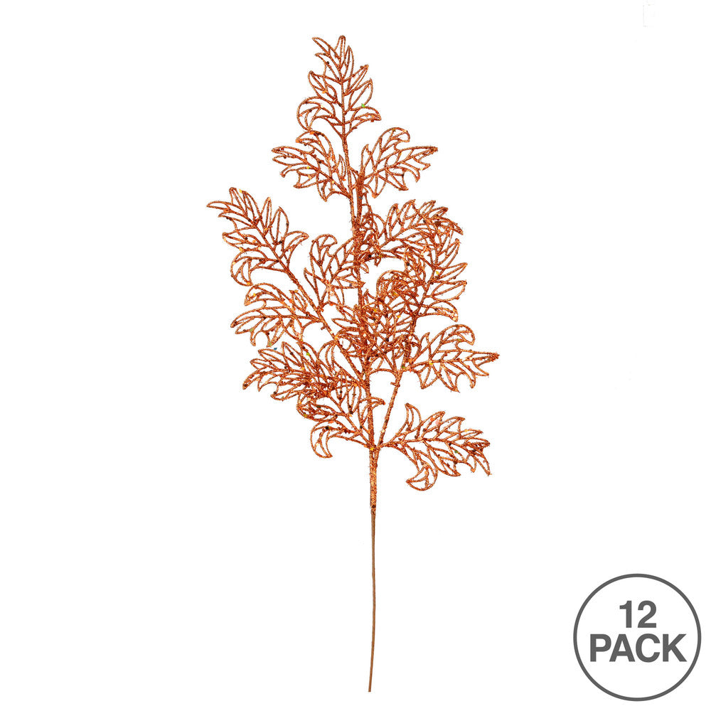 Vickerman 22" Burnished Orange Glitter Lace Holly Leaf Artificial Christmas Spray. Includes 12 sprays per pack.