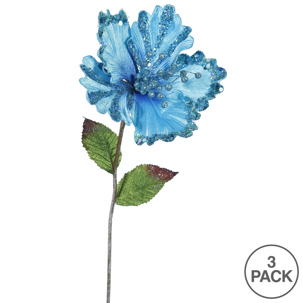 Vickerman 23" Sky Blue Hibiscus Artificial Christmas Pick 3 per Bag