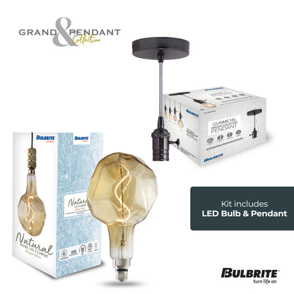 Bulbrite LED Grand Bulb and Pendant Kit of (1) 4 Watt Antique Glass 12" Jewel Shaped Bulb and (1) Gunmetal Black Open Socket Pendant on Silver Fabric Braided Cord - 2000K (Amber Light)