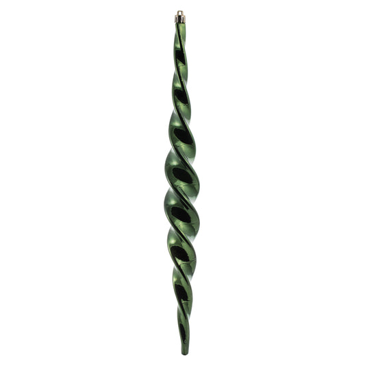 Vickerman 14.6" Moss Green Shiny Spiral Icicle Ornament with drilled and wired caps. Comes 2 per Box.