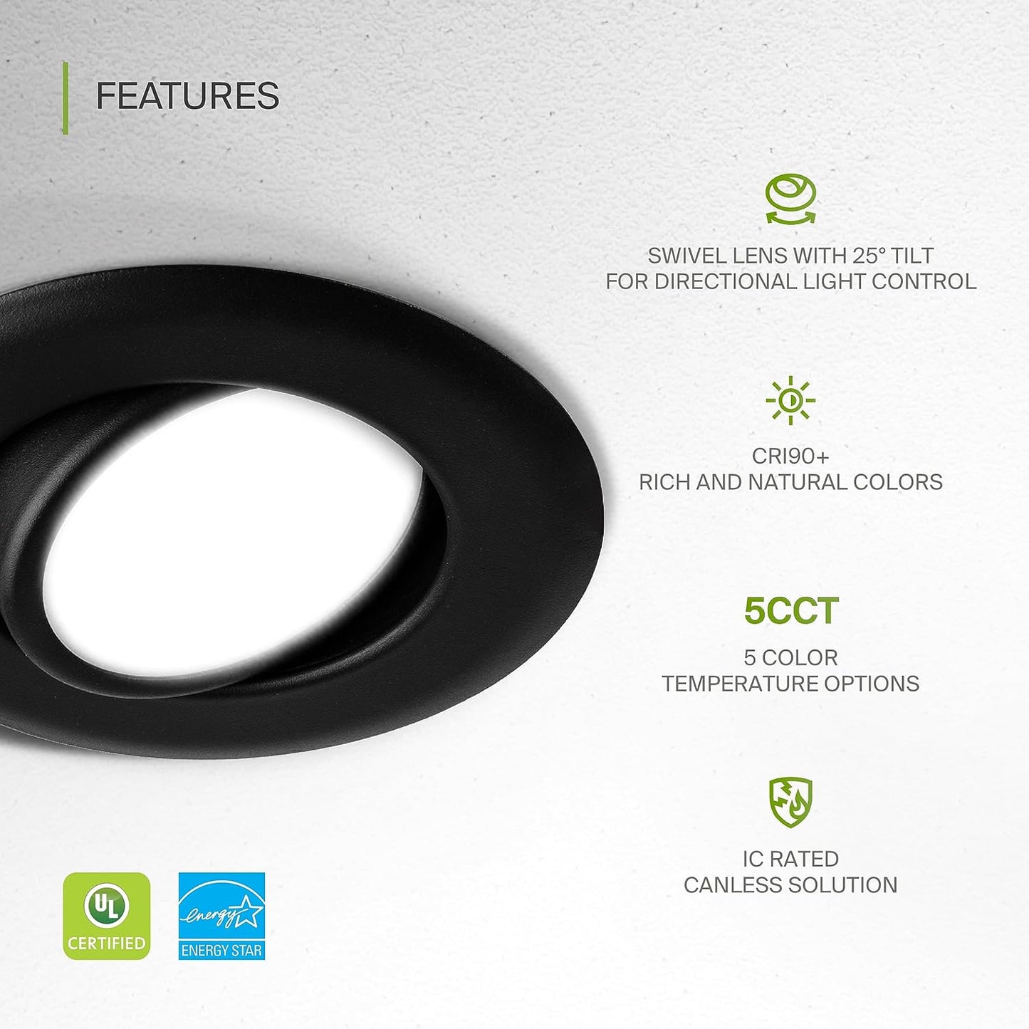 ASD Lighting LED Round Recessed Mini Panel Gimbal Airtight 4" 12W 120V Dimmable CCT Selectable 2700/3000/3500/4000/5000K Black UL 6pack