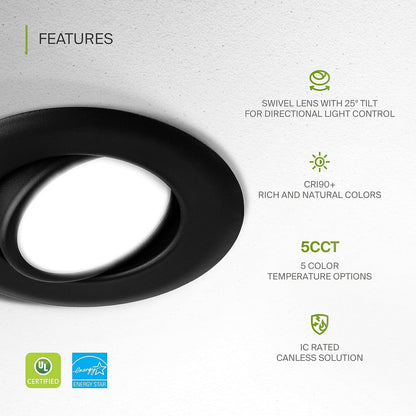 ASD Lighting LED Round Recessed Mini Panel Gimbal Airtight 4" 12W 120V Dimmable CCT Selectable 2700/3000/3500/4000/5000K Black UL 6pack
