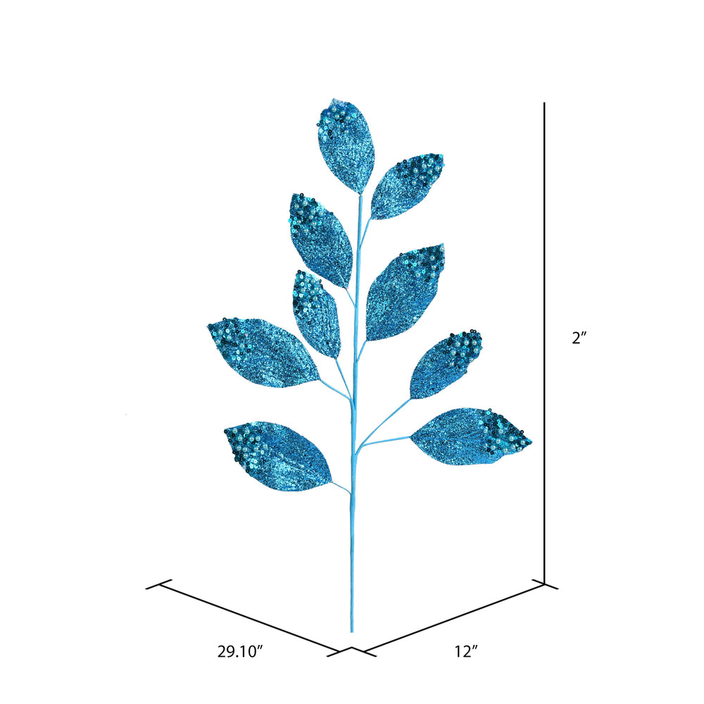 Vickerman 29" Turquoise Glitter Leaf Artificial Christmas Spray. Includes 6 sprays per pack.