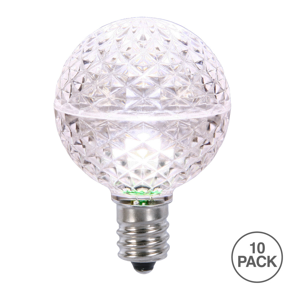 Vickerman G50 LED Pure White Faceted Replacement Bulb E17/C9 Nickel Base 10 Bulbs per Pack.