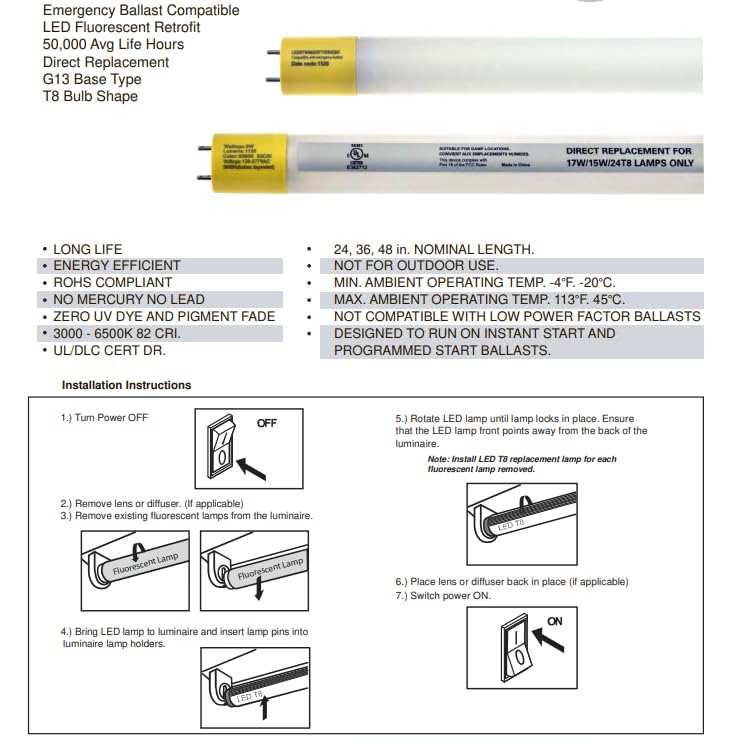 Damar- 4Ft T8 LED Fluorescent Retrofit Tube Light Bulb Direct Replacement Emergency Ballast Compatible 17W 2200 Lumens 5000K Bright White G13 Base 220? Beam Angle 120-277V Pack of 10- for Garage