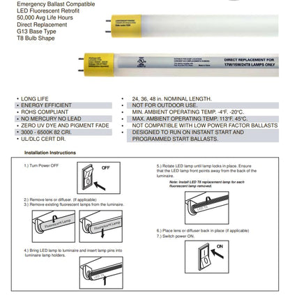 Damar- 4Ft T8 LED Fluorescent Retrofit Tube Light Bulb Direct Replacement Emergency Ballast Compatible 17W 2200 Lumens 5000K Bright White G13 Base 220? Beam Angle 120-277V Pack of 10- for Garage