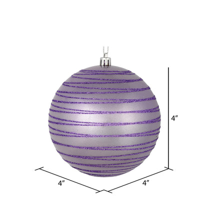 Vickerman 4" Lavender Candy Finish Ball Ornament with Glitter Lines 4 per Bag