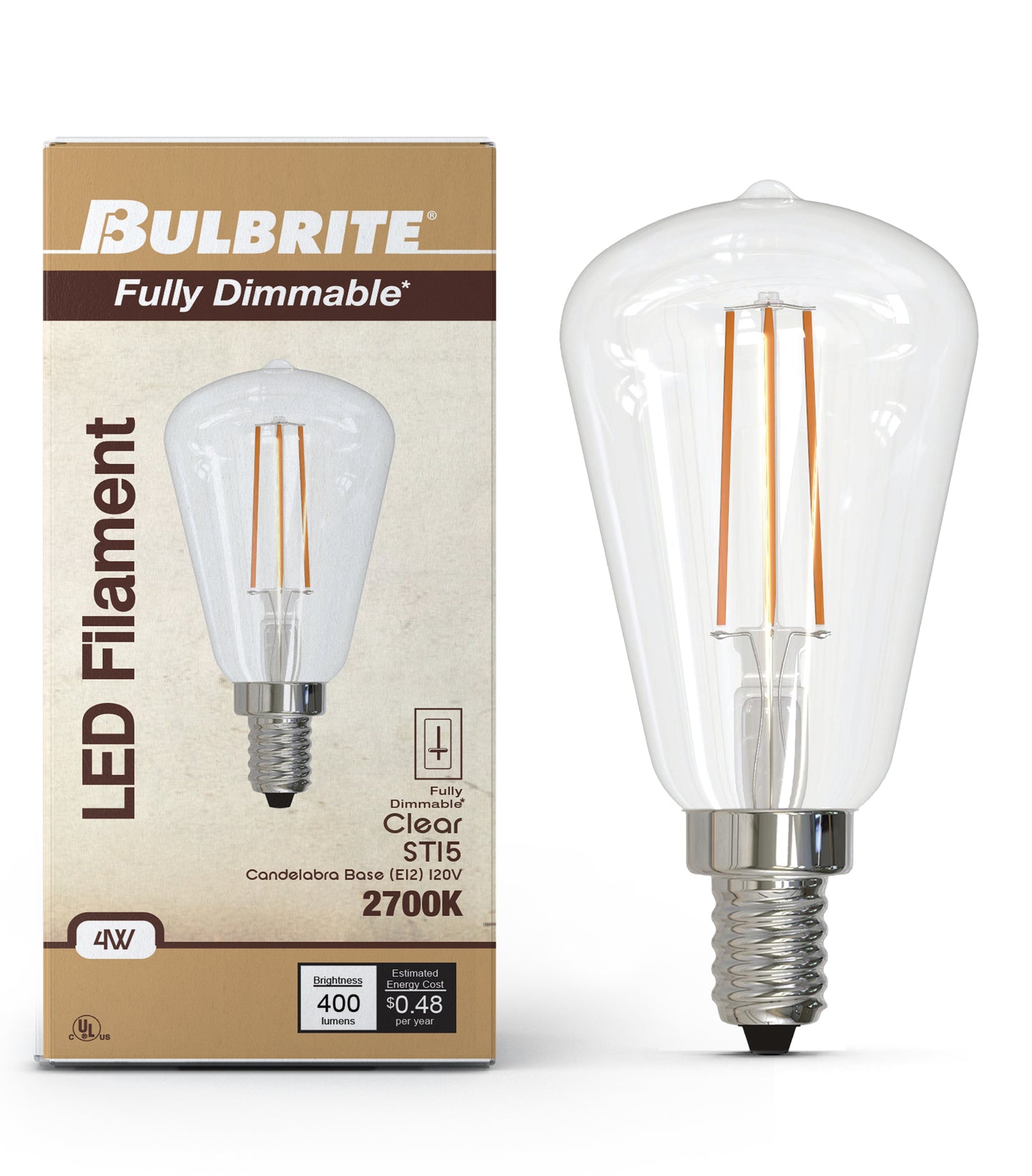 Bulbrite 862050 LED Filament Pack of (4) 4 Watt Dimmable ST15 Light Bulb with Clear Glass Finish and Candelabra (E12) Base - 3000K (Soft White Light), 400 Lumens
