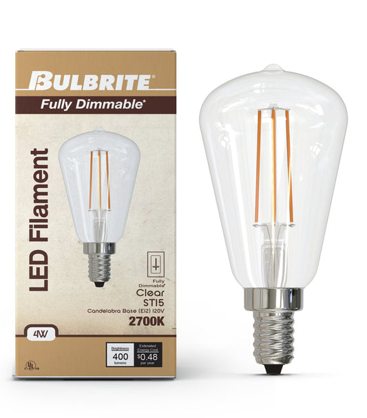 Bulbrite 862050 LED Filament Pack of (4) 4 Watt Dimmable ST15 Light Bulb with Clear Glass Finish and Candelabra (E12) Base - 3000K (Soft White Light), 400 Lumens