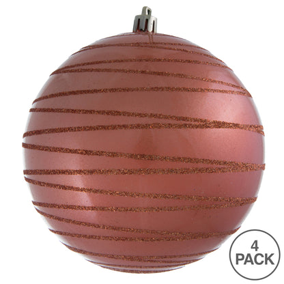 Vickerman 4.75" Coral Candy Finish Ball Ornament with Glitter Lines 4 per Bag