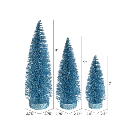 Vickerman 7"-9"-11" Baby Blue Glitter Oval Pine Artificial Christmas Tree Set of 3