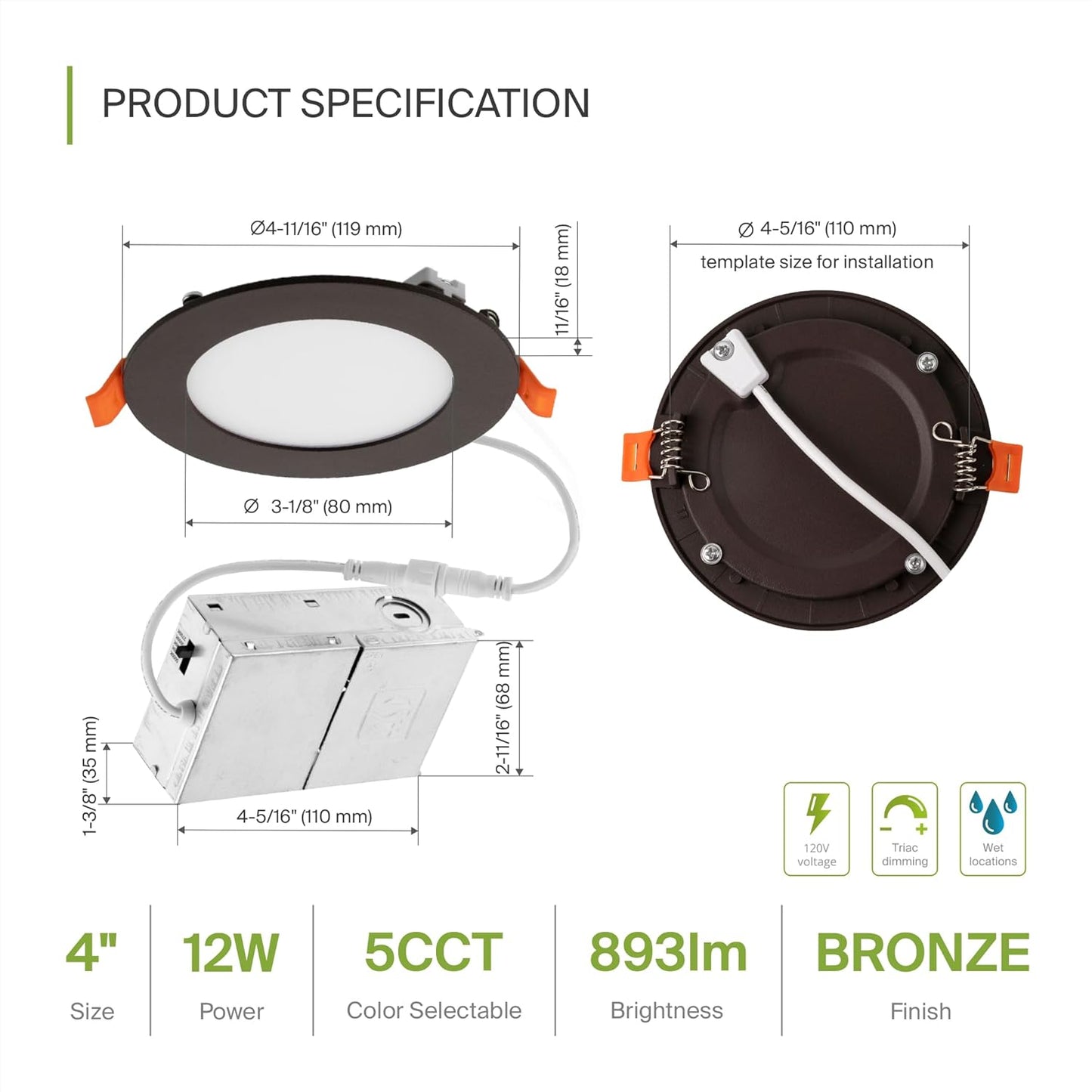 ASD Lighting LED Recessed Mini Panel Round 4inch 12W 120V Triac 2700/3000/3500/4000/5000K Bronze UL Energy Star