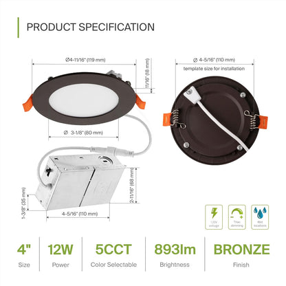 ASD Lighting LED Recessed Mini Panel Round 4inch 12W 120V Triac 2700/3000/3500/4000/5000K Bronze UL Energy Star