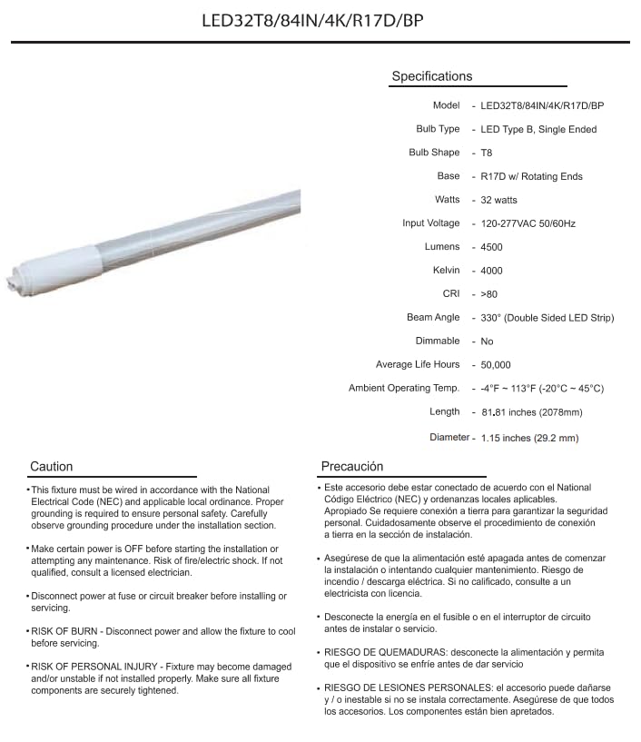 Damar- 7Ft T8 LED Tube Light Bulb Type B Ballast Bypass Single End 32W 4500 Lumens 4000K Cool White R17D Base with Rotating Ends 120-277VAC Pack of 10- Fluorescent Replacement for Garage Workshop