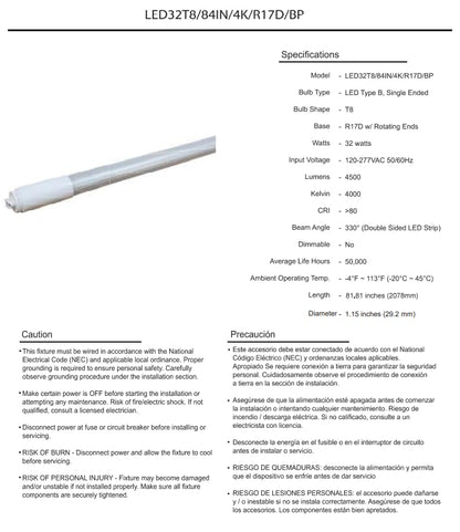 Damar- 7Ft T8 LED Tube Light Bulb Type B Ballast Bypass Single End 32W 4500 Lumens 4000K Cool White R17D Base with Rotating Ends 120-277VAC Pack of 10- Fluorescent Replacement for Garage Workshop