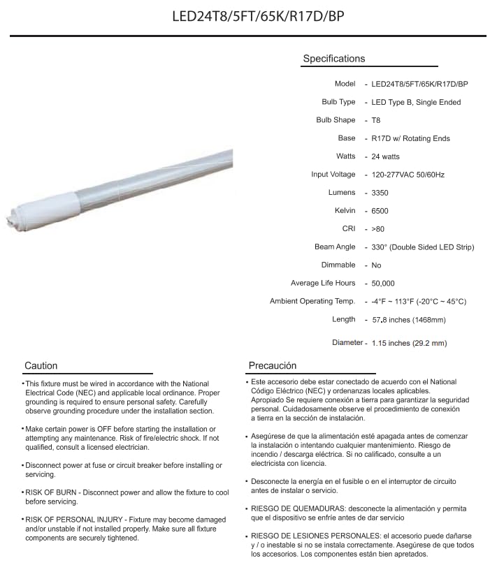 Damar- 5Ft T8 LED Tube Light Bulb Type B Ballast Bypass Single End 24W 3350 Lumens 6500K Daylight R17D Base with Rotating Ends 120-277VAC Pack of 10- Fluorescent Replacement for Garage Workshop
