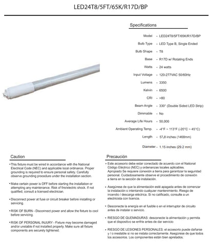 Damar- 5Ft T8 LED Tube Light Bulb Type B Ballast Bypass Single End 24W 3350 Lumens 6500K Daylight R17D Base with Rotating Ends 120-277VAC Pack of 10- Fluorescent Replacement for Garage Workshop
