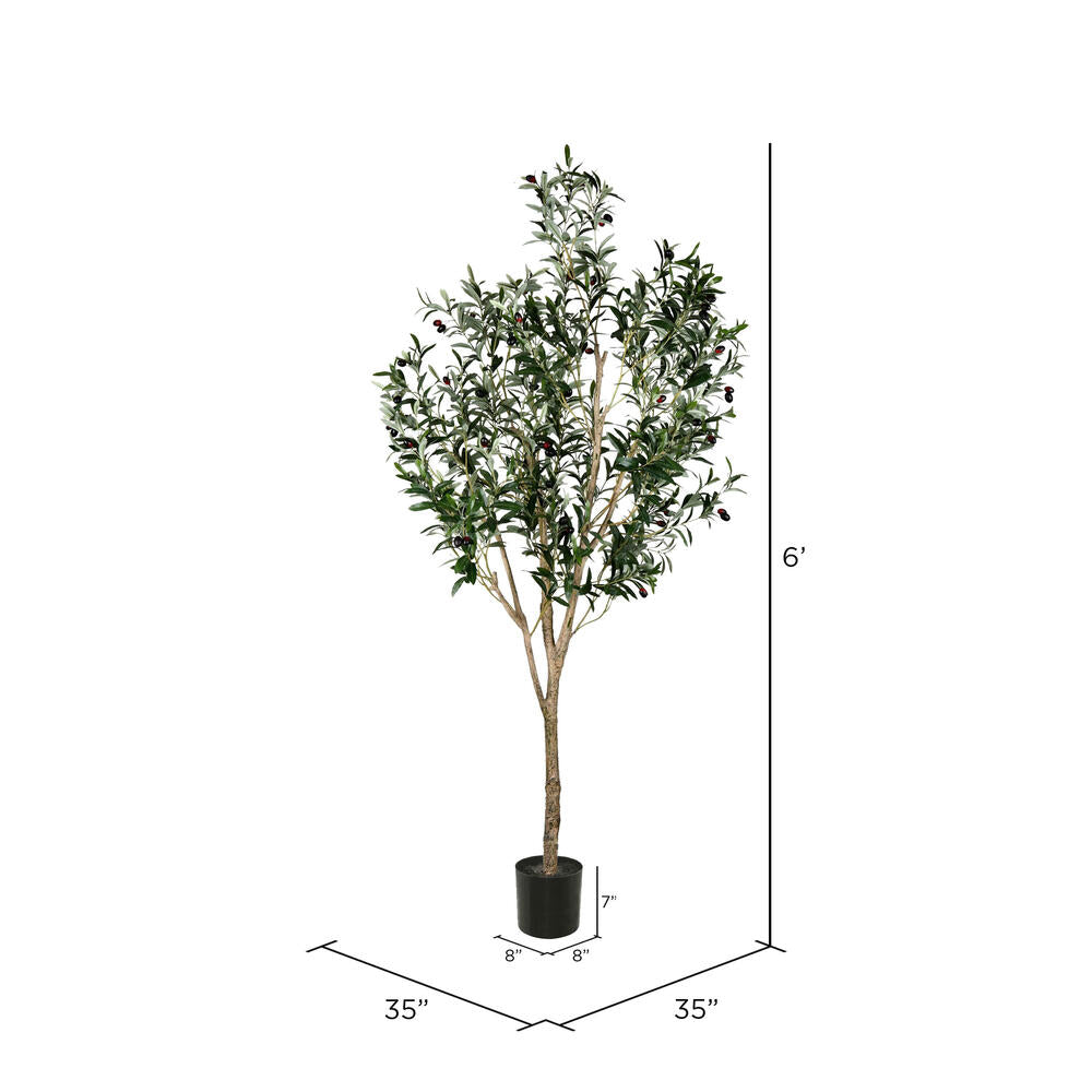 Vickerman 72" Artificial Green Olive Tree in Black Planters Pot.