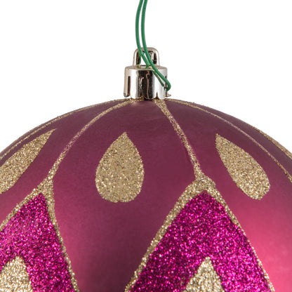 Vickerman 4.75" Berry Red Matte Ball with Glitter Diamond Pattern. Add variety and sparkle to your holiday arrangement with this matte ornament that features a glitter pattern. Includes 4 pieces per bag. Made with shatterproof plastic. Ornament has a dril