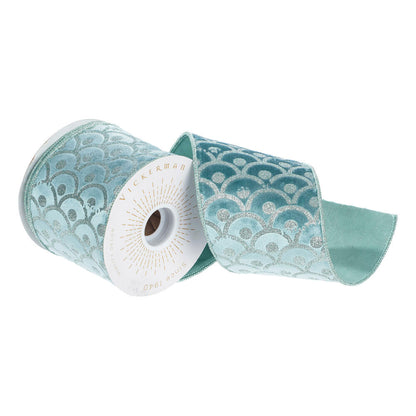 Vickerman 4" x 10 yd Gray/Blue Glitter Waves Wired Edge Christmas Ribbon.