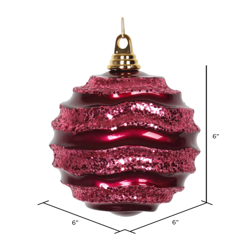 Vickerman 6" Fuchsia Stripe Candy Finish Wave Ball Christmas Ornament with Glitter Accents