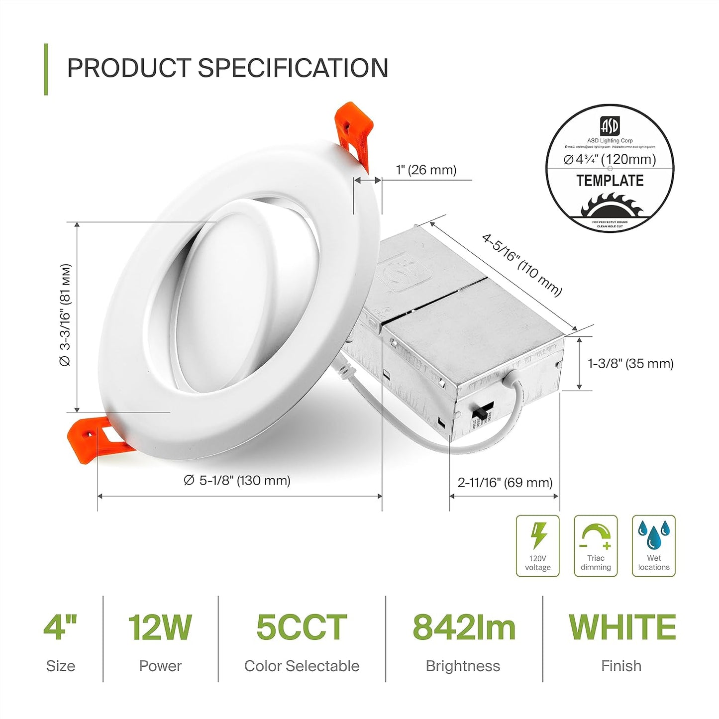 ASD Lighting LED Round Recessed Mini Panel Gimbal 4" 12W 120V Dimmable CCT Selectable 2700/3000/3500/4000/5000K White UL Energy Star 6pack