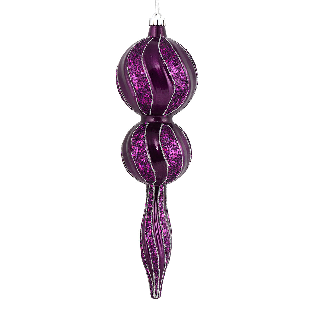 Vickerman 16.5" Plum Candy Glitter Finial. Create a beautiful holiday arrangement with this large Candy finial that features glitter accents. Made with shatterproof plastic. Ornament has a drilled cap secured with green floral wire.