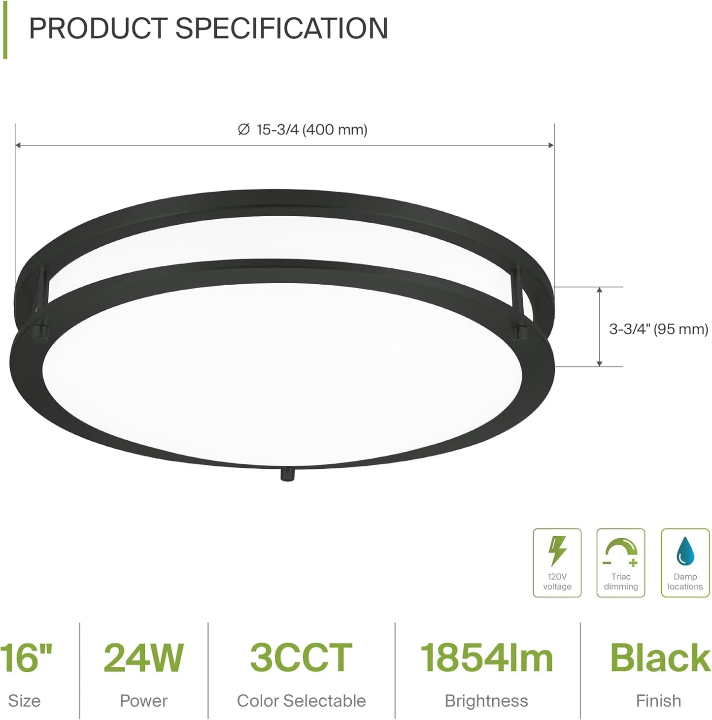 ASD LED Double Ring Flushmount 16" 24W 120V CCT Selectable 3000/4000/5000K Dimmable Black ETL Energy Star