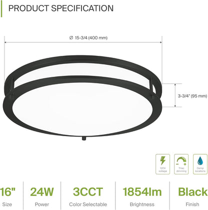 ASD LED Double Ring Flushmount 16" 24W 120V CCT Selectable 3000/4000/5000K Dimmable Black ETL Energy Star