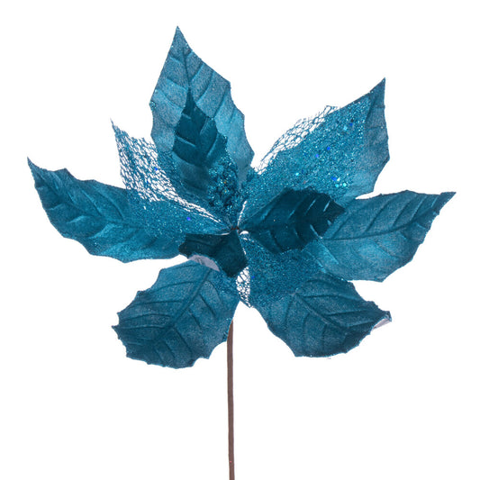 Vickerman 11" Turquoise Velvet and Glitter Mesh Poinsettia Flower on Stem 6 per bag.