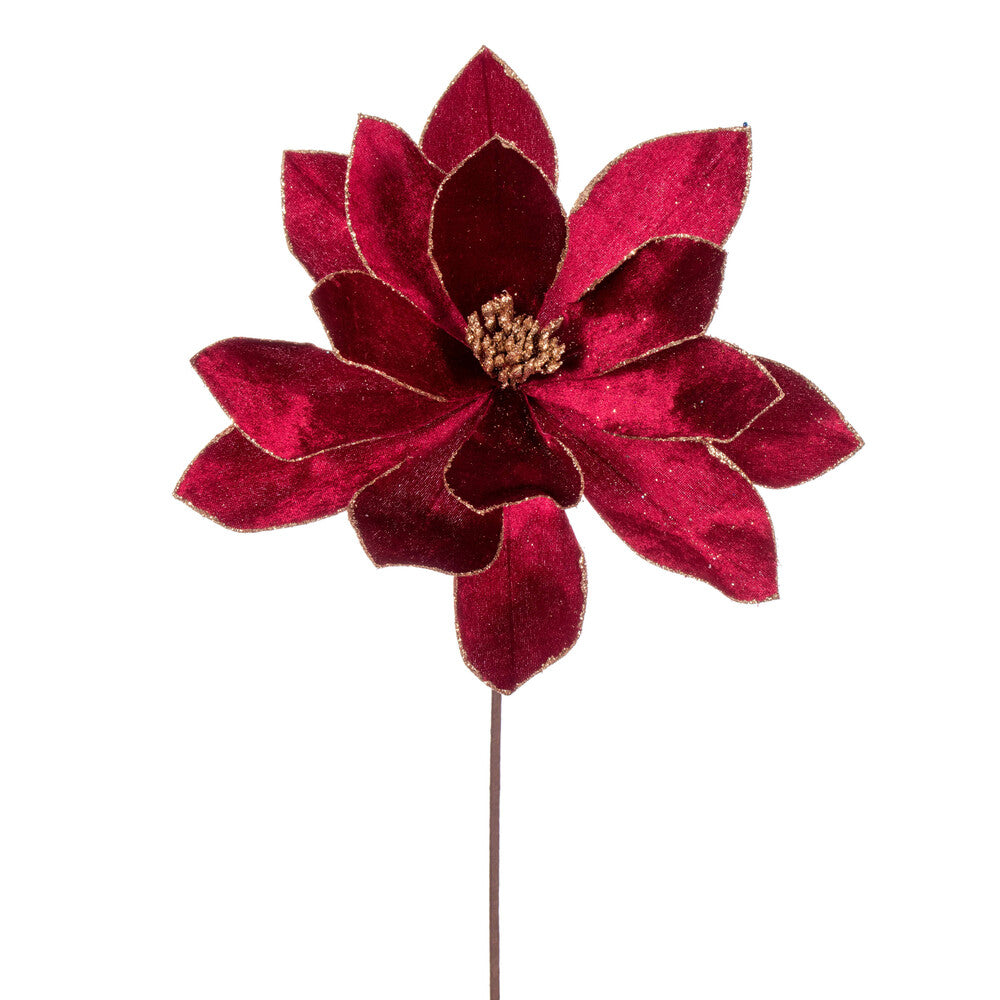 Vickerman 22" Burgundy Velvet Sheen Glitter Trim Poinsettia Stem 4 per bag.