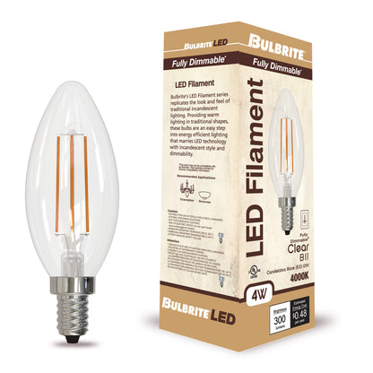 Bulbrite 4W LED LIGHT BULB B11 4000K FILAMENT E12 CANDELABRA BASE, DIMMABLE, JA8 4PK (776930)