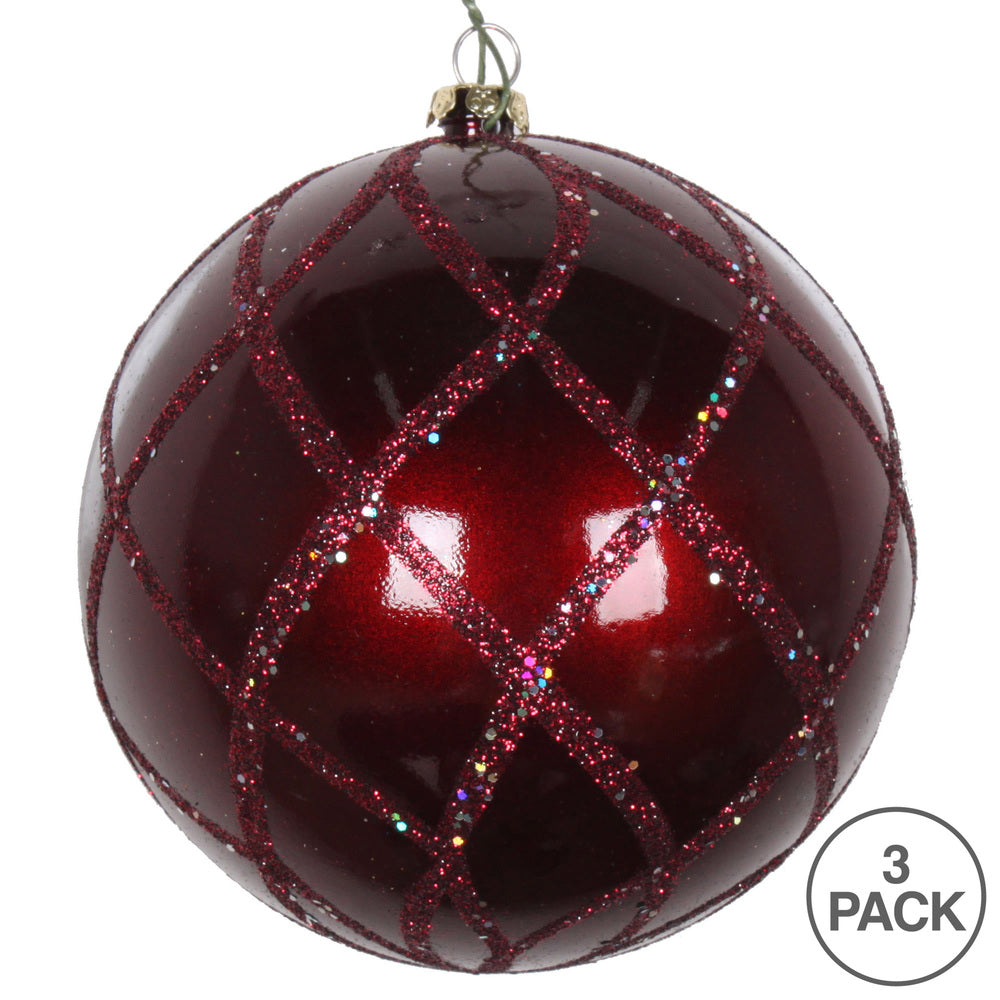 Vickerman 4" Burgundy Candy Glitter Net Ball Ornament 3 per Bag