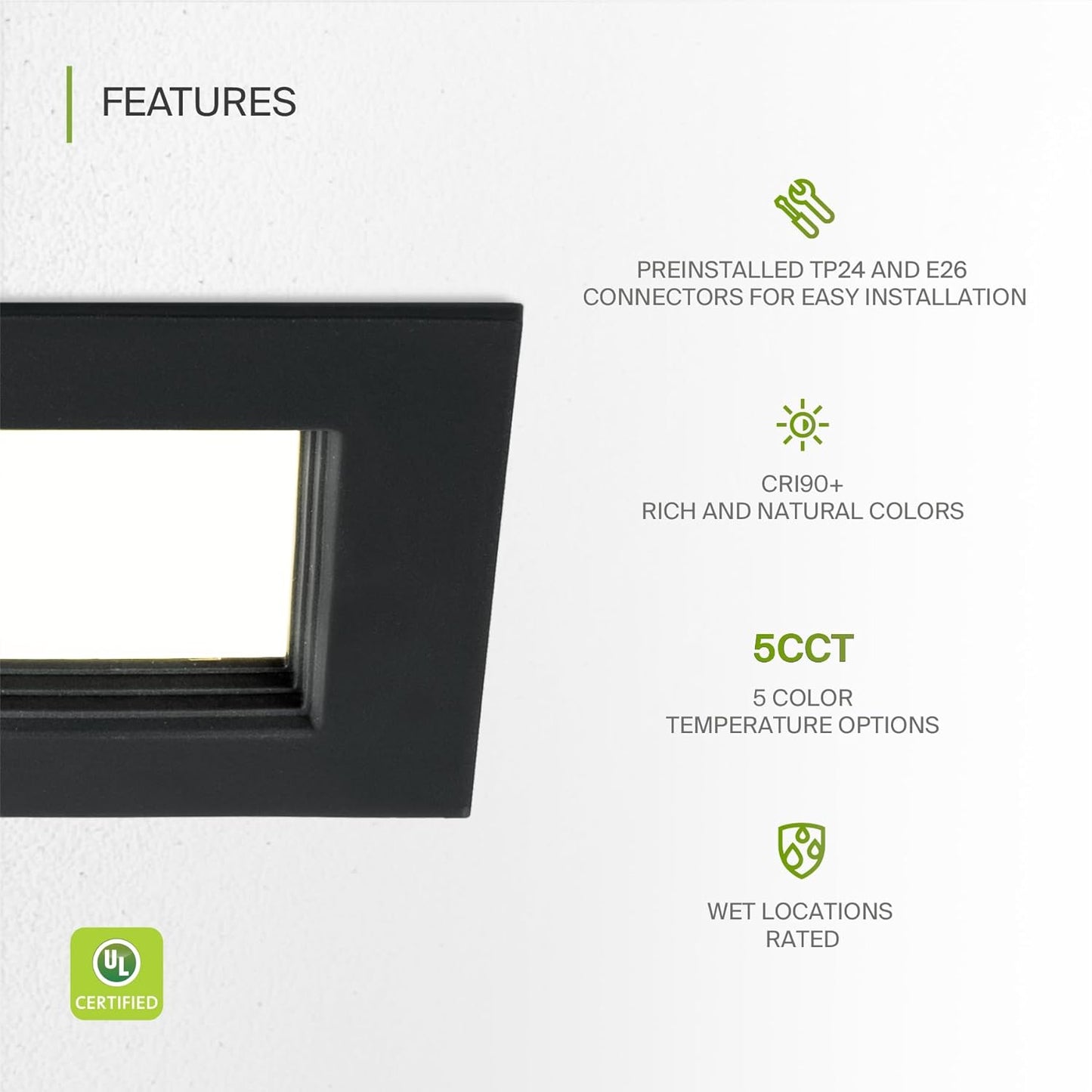 ASD Lighting LED Square Downlight Retrofit Kit 4" 8.6W 120V CCT Selectable 2700/3000/3500/4000/5000K Dimmable PC, Baffle Trim, Black UL 6pack