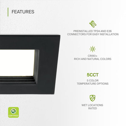 ASD Lighting LED Square Downlight Retrofit Kit 4" 8.6W 120V CCT Selectable 2700/3000/3500/4000/5000K Dimmable PC, Baffle Trim, Black UL 6pack