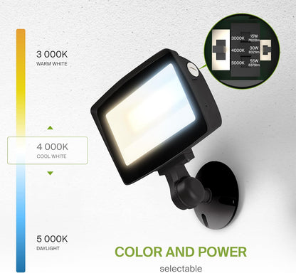 ASD Lighting LED Floodlight with knuckle Power Adjustable 15/30/55W 120-277V CCT Selectable 3000/4000/5000K Black UL DLC Premium