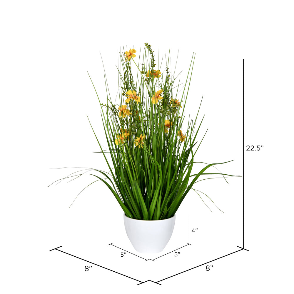 Vickerman 22.5" Artificial Potted Yellow Cosmos and Green Grass.