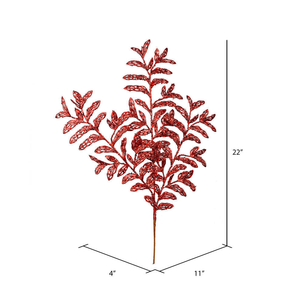 Vickerman 22" Red Bipinnate Glitter Leaf Artificial Christmas Spray. Includes 12 sprays per pack.