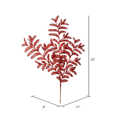 Vickerman 22" Red Bipinnate Glitter Leaf Artificial Christmas Spray. Includes 12 sprays per pack.