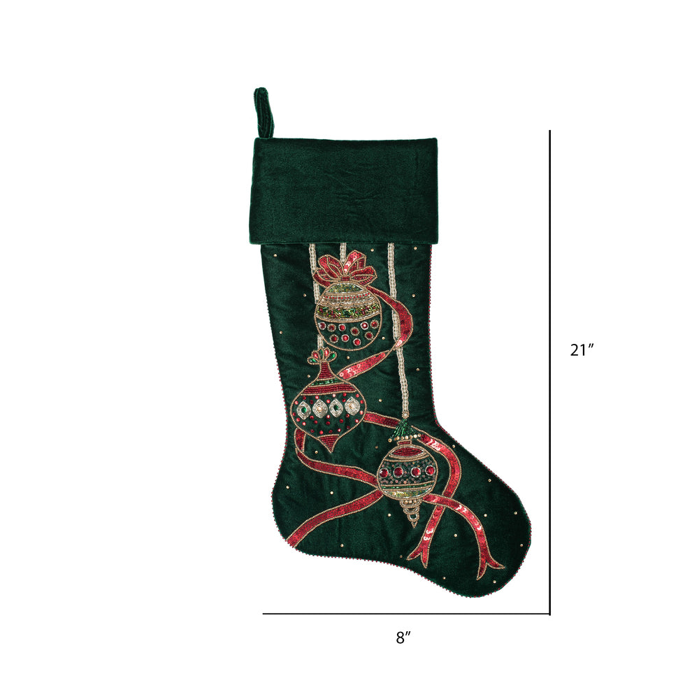 Vickerman 21" Green Beaded Ornamnt Velvet Christmas Stocking