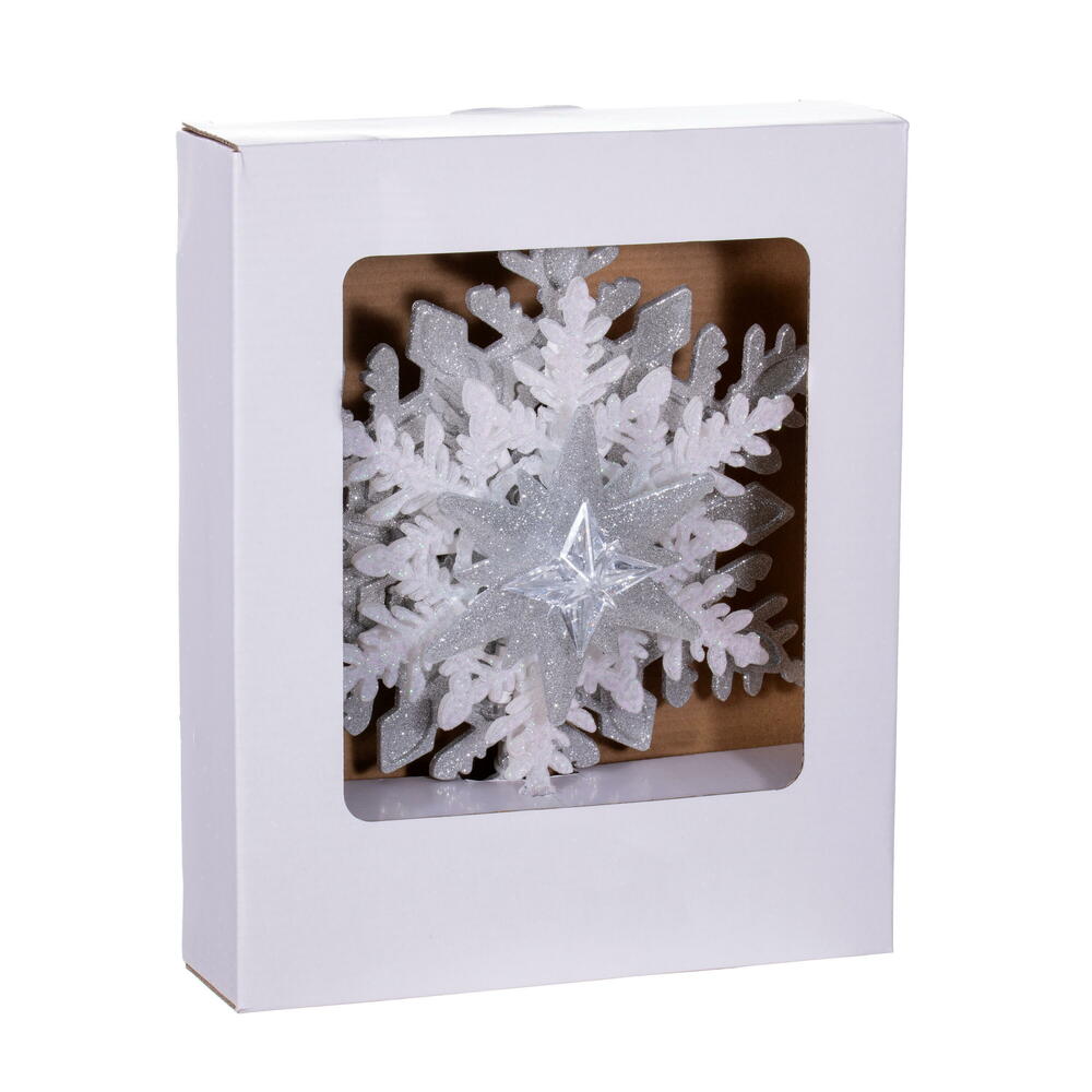 Vickerman 20 Light x 13.5" LED Silver-White Snowflake Tree Top with Warm White LED Mini Lights.