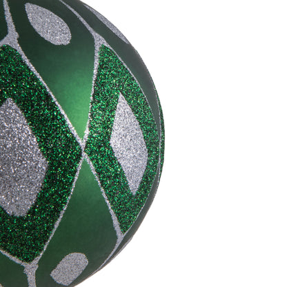 Vickerman 4.75" Emerald Matte Ball with Glitter Diamond Pattern. Add variety and sparkle to your holiday arrangement with this matte ornament that features a glitter pattern. Includes 4 pieces per bag. Made with shatterproof plastic. Ornament has a drille