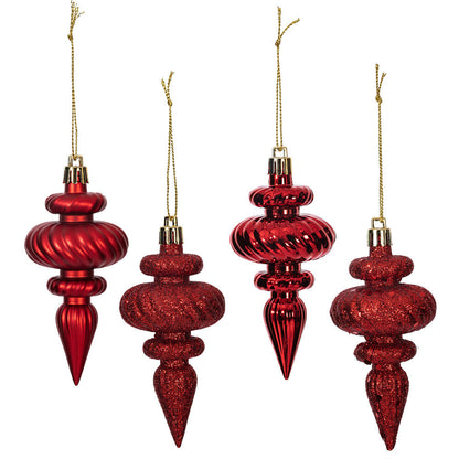 Vickerman 4" Red 4-Finish Finial Ornament 8 per Box. Made of shatterproof plastic.