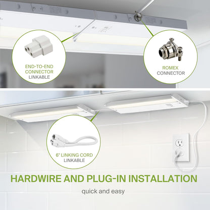 ASD Lighting LED Under Cabinet Swivel 18" 8W 120V Dimmable CCT Selectable 2700/3000/4000K Hardwired or Plug-in, Linkable, Hi/Low Switch, White UL