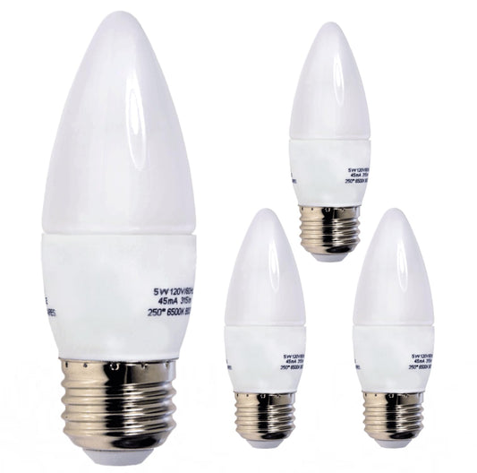 Damar- LED B11 Chandelier Light Bulb ETF Torpedo Tip 5W 315 Lumen 6500K Daylight E26 Medium Base Pack of 4- Decorative Candelabra Candle Frosted Lamp for Ceiling Fan Bedroom Living Room Kitchen