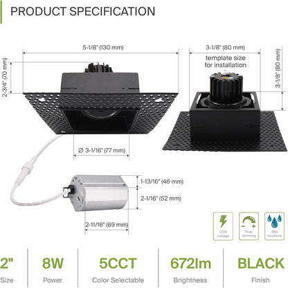 ASD Lighting LED Trimless Downlight Gimbal Square 2inch 8W 120V Triac 2700/3000/3500/4000/5000K Black ETL