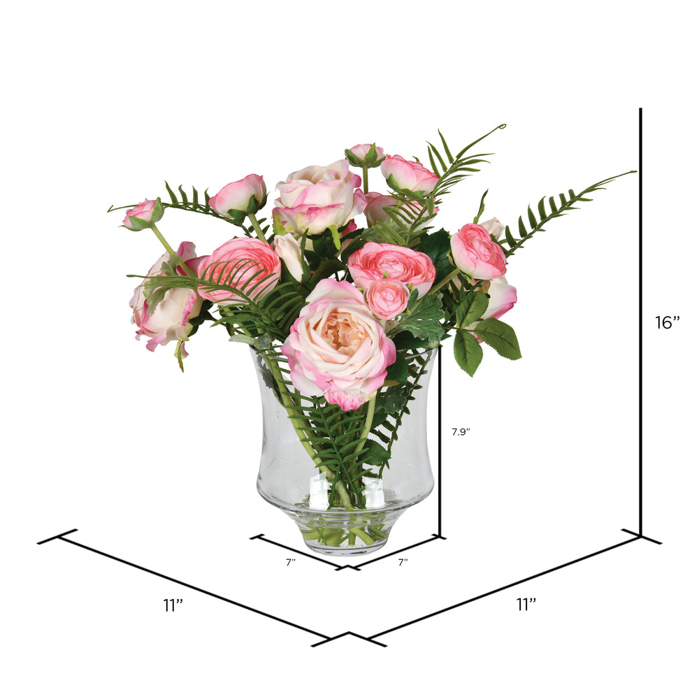 Vickerman 16" Artificial Dark Pink Rose In Glass Pot.