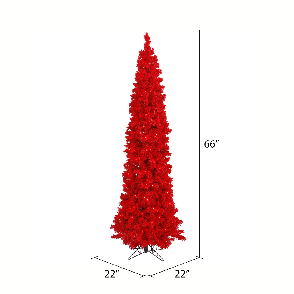 Vickerman 5.5' Flocked Red Pencil Fir Artificial Christmas Tree Red Dura-lit LED Lights